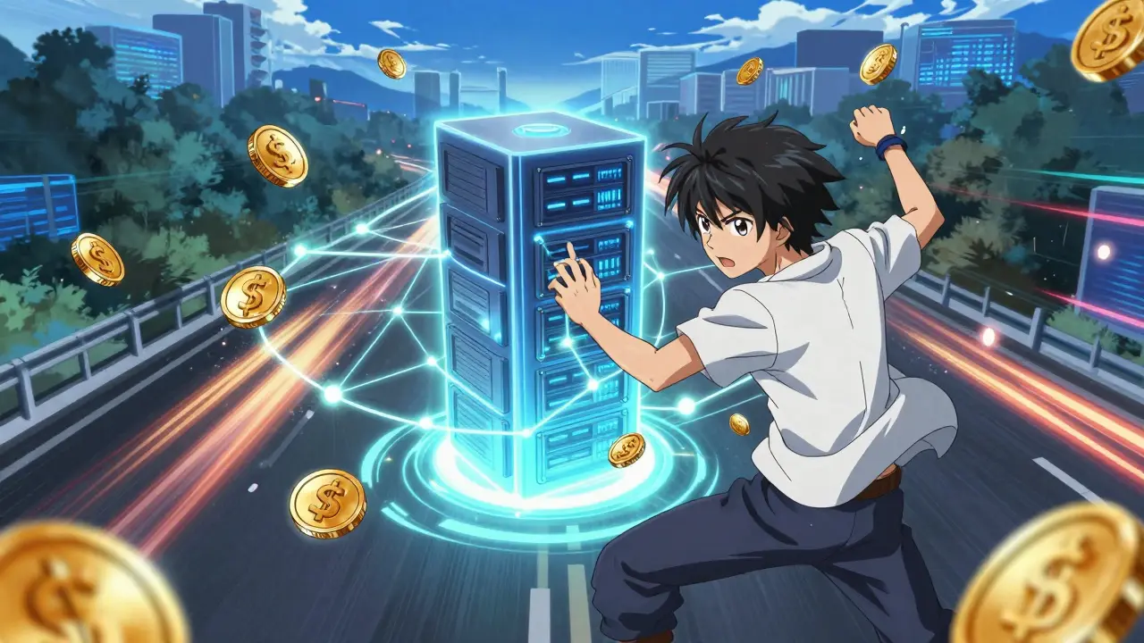 Anime character interacting with blockchain network and central server tower.
