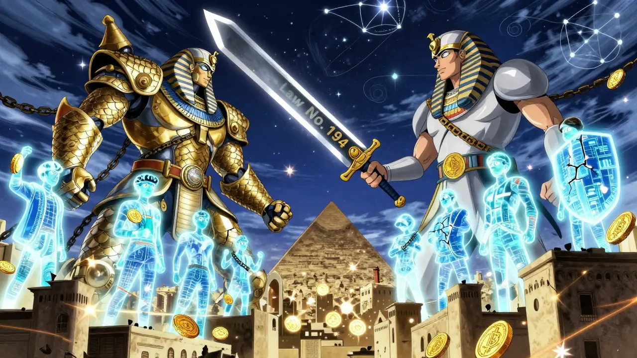 Citizens made of digital coins fight a giant bank titan under a starry Cairo sky.
