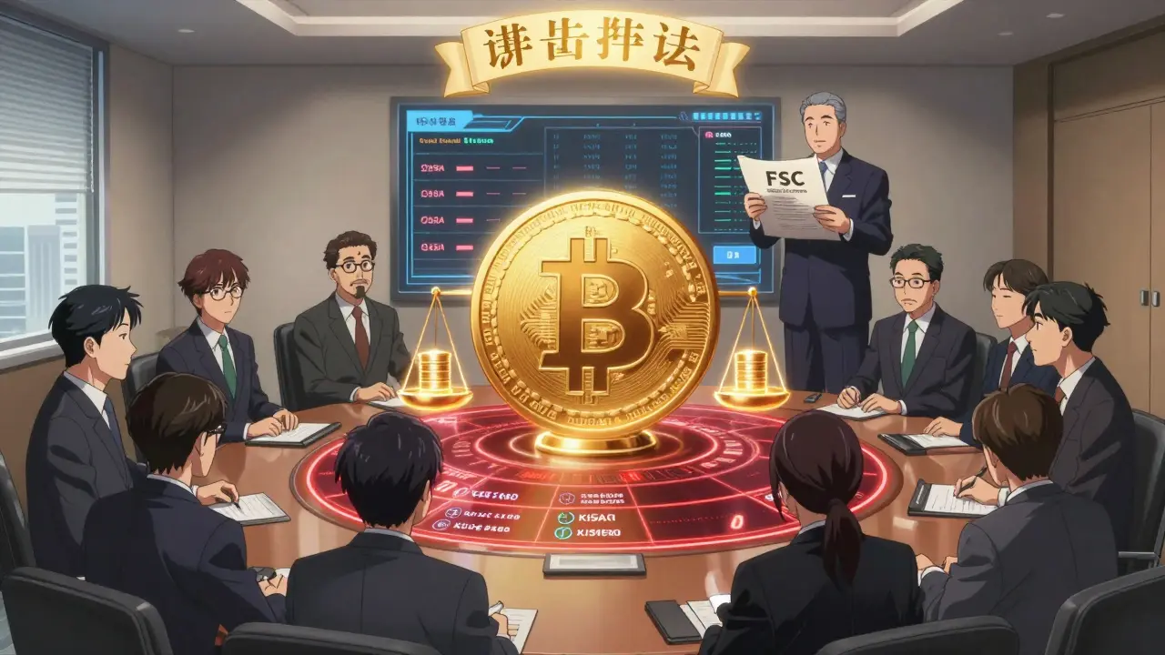 Corporate executives watch a Bitcoin token appear on a balance sheet with KISA-certified wallets and FSC inspector watching.