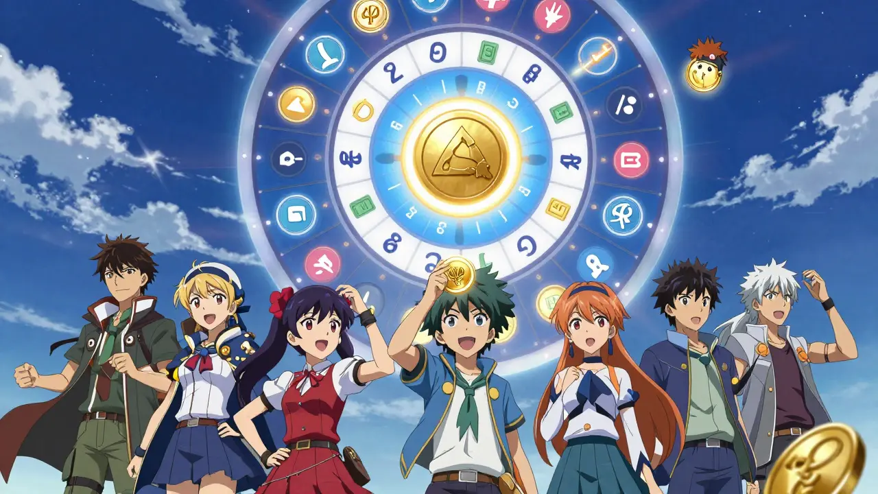 Diverse characters merge coins into a validator node while a randomized lottery wheel spins in the sky.