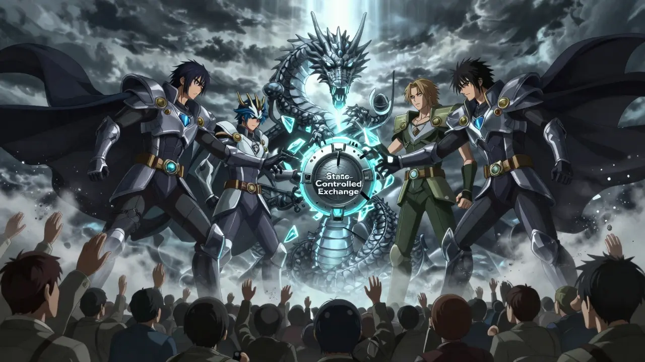 Five elite figures assemble a dragon-shaped vault from broken crypto chains as faceless users fade into digital dust.