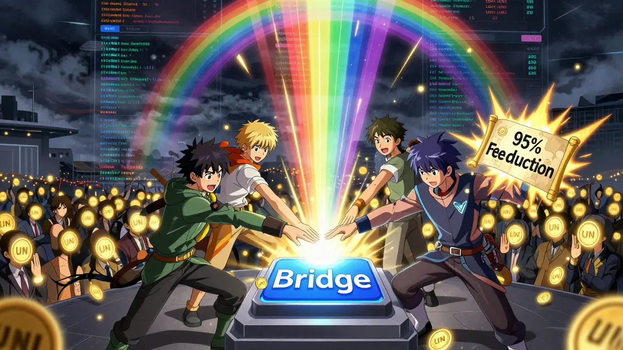 Heroes activate a bridge that floods Unichain with tokens, UNI holders glowing with utility as fees plummet.
