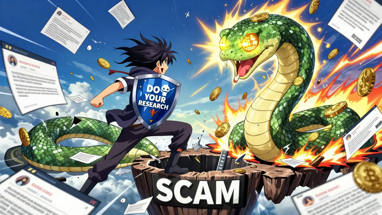 Heroic trader battling a monstrous scam serpent made of fake testimonials and stolen coins.