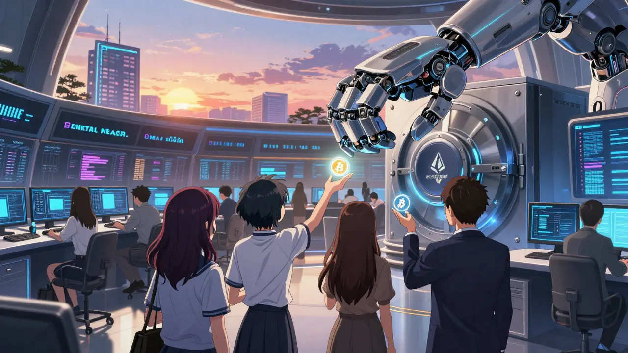 Investors grab glowing crypto ETF shares on a futuristic trading floor as a robotic hand secures a cold wallet.