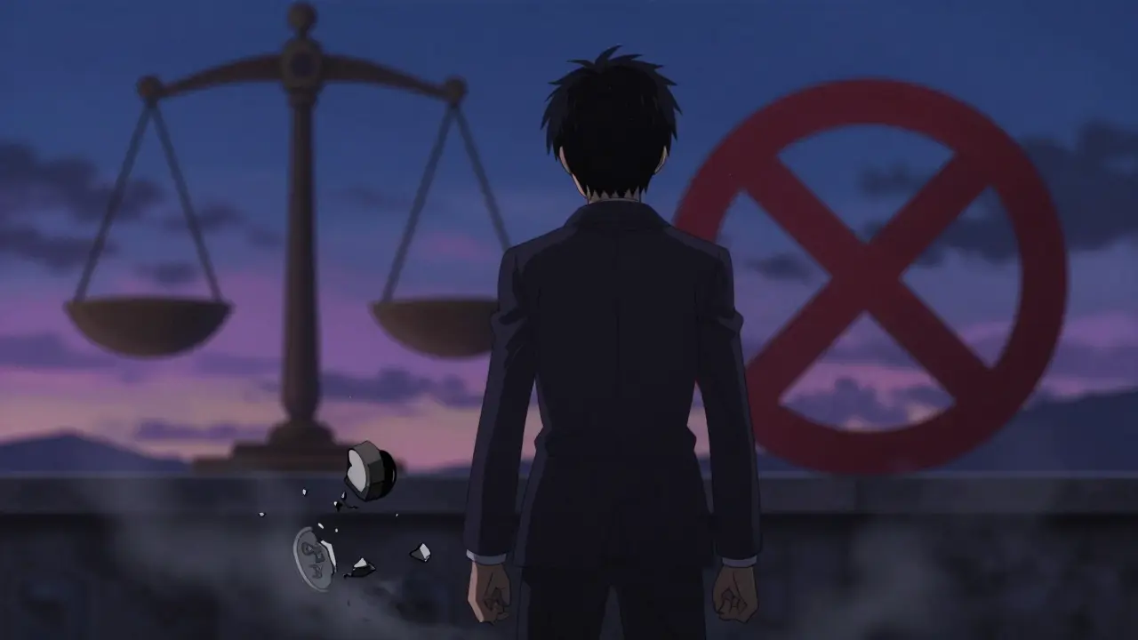 Person turning from dissolving token, regulatory symbol behind.