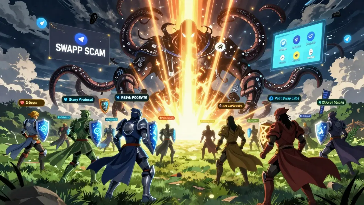 Real DeFi projects battle a monstrous SWAPP scam entity, banishing it with light from a portal of verified networks.