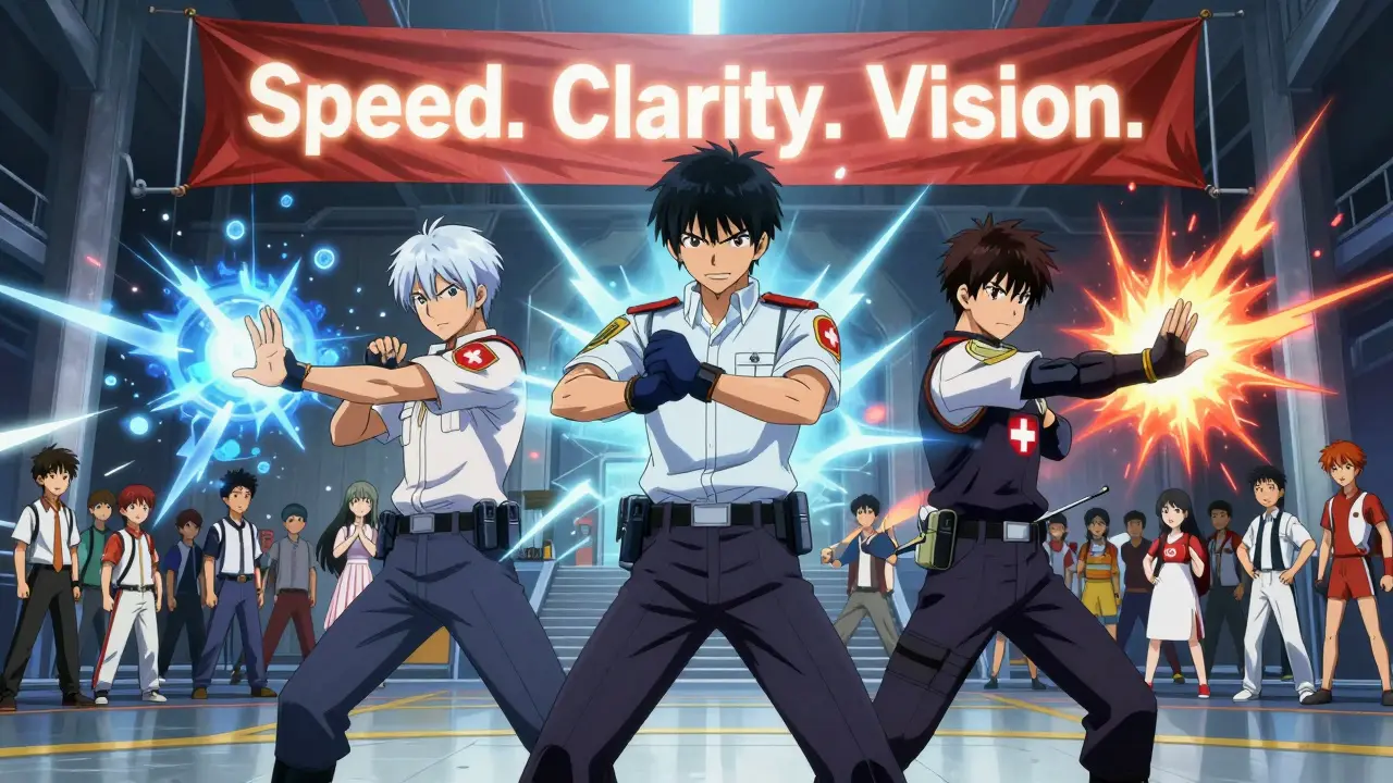 Regulators from Switzerland, UAE, and Singapore stand united against financial chaos in a futuristic dojo.