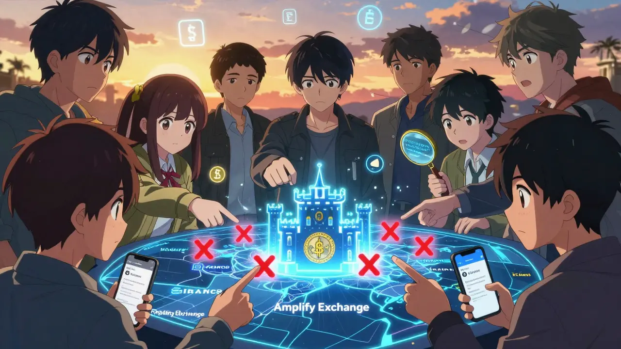 Teens using hologram map to identify fake crypto exchanges and spot real trusted platforms.