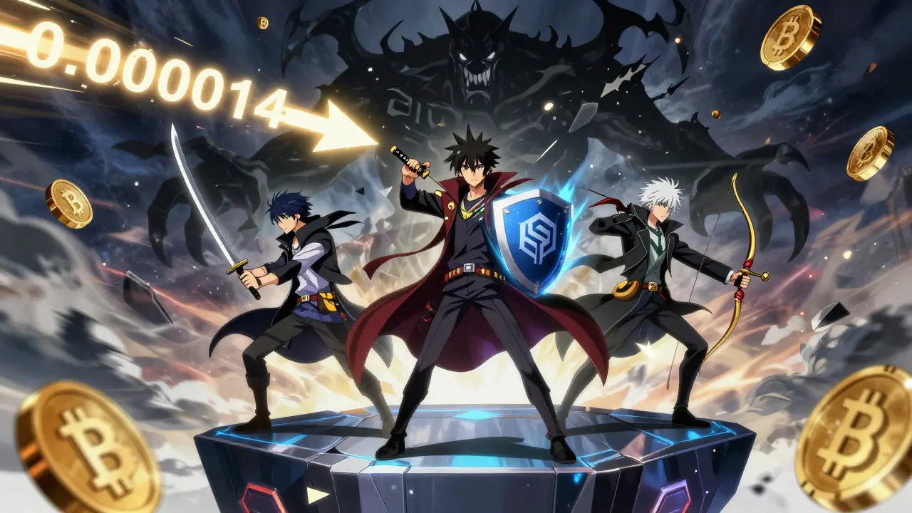 Three crypto warriors atop a blockchain platform, defeating a crumbling Fiat Gate with weapons made of trading fee savings.