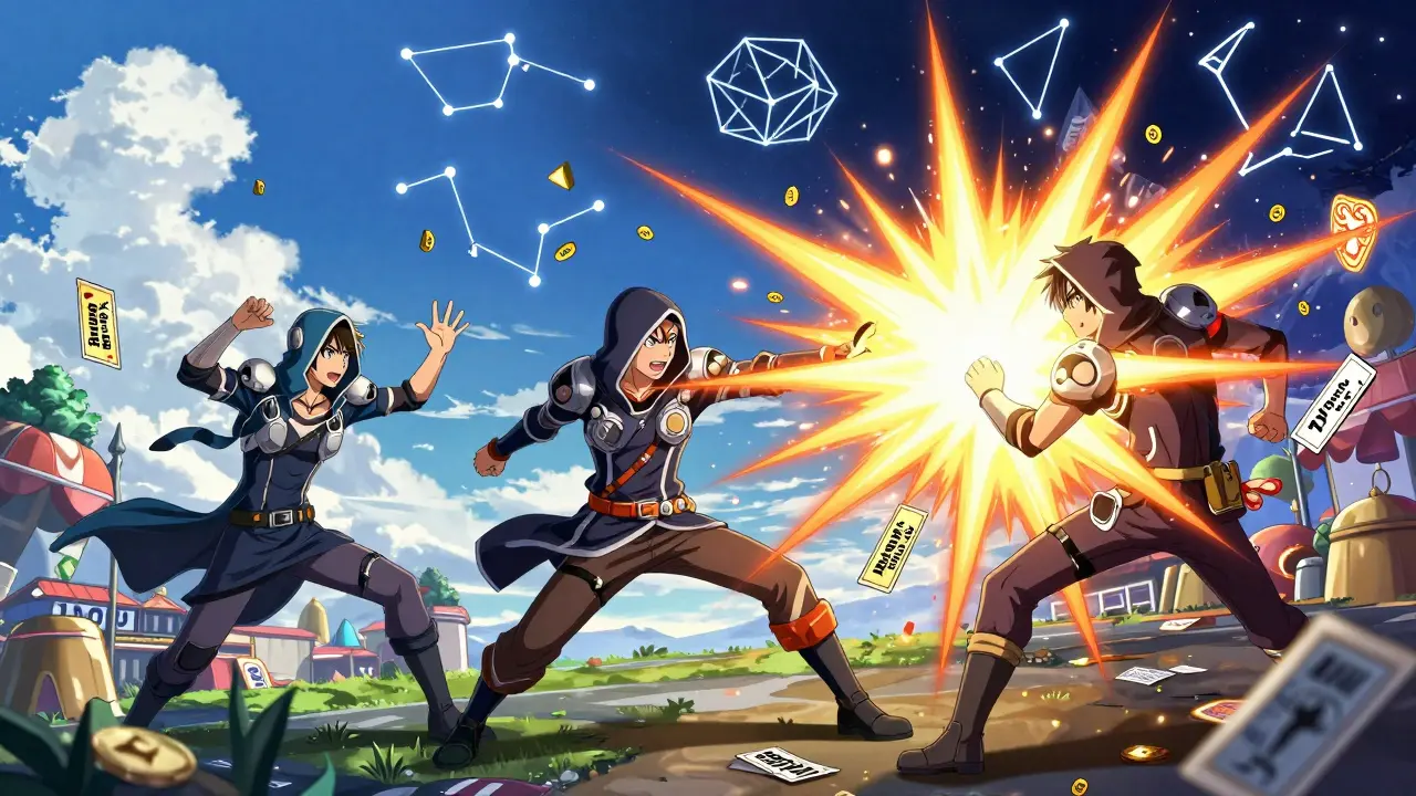 Three traders battle on a floating market, throwing yield bets and hedge cards in a dynamic anime duel.