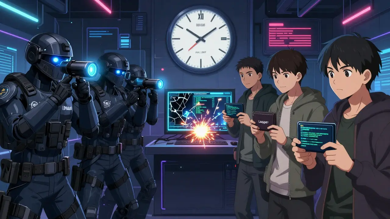 Users hold crypto wallets against AMLA enforcers in a neon-lit exchange as a 2027 countdown ticks down.