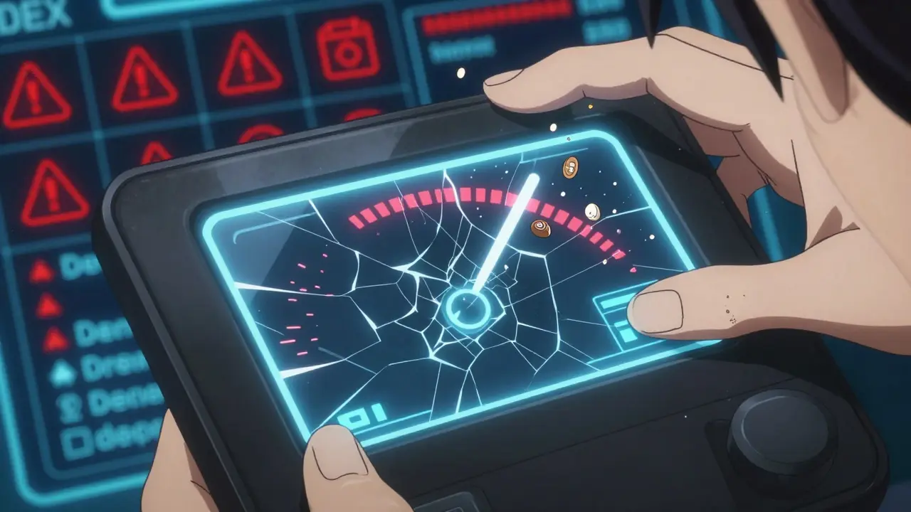 Wallet screen with shattered supply gauge, tokens vanishing into dust.