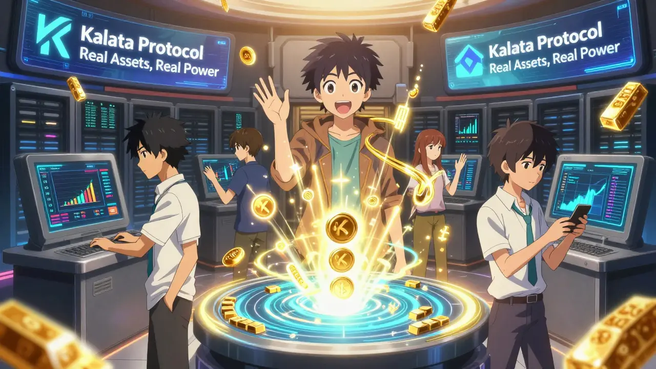 Young users interact with floating synthetic asset charts and governance interfaces in a glowing server room, staking KALA tokens.