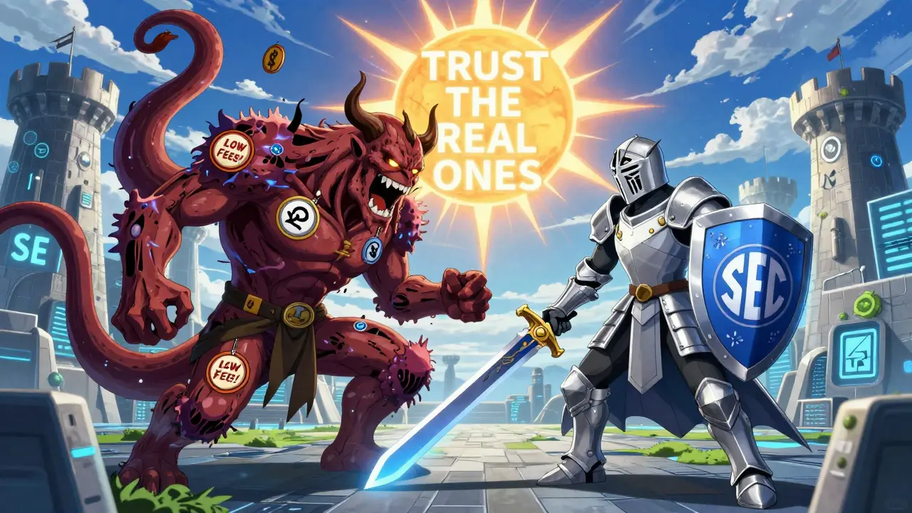 A battle between a scam demon and a regulated knight on a blockchain battlefield with real exchange castles.