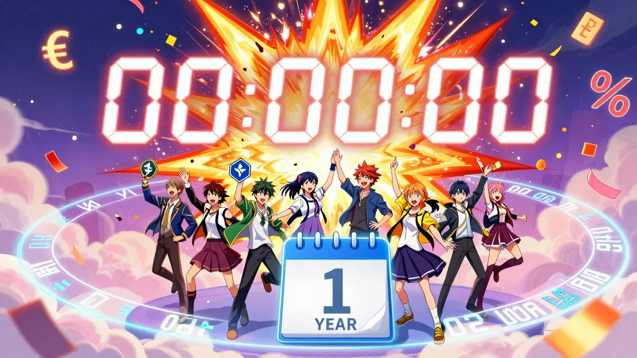 A digital clock hits zero as crypto holders cheer, tax symbols shattering around them in a vibrant anime scene.