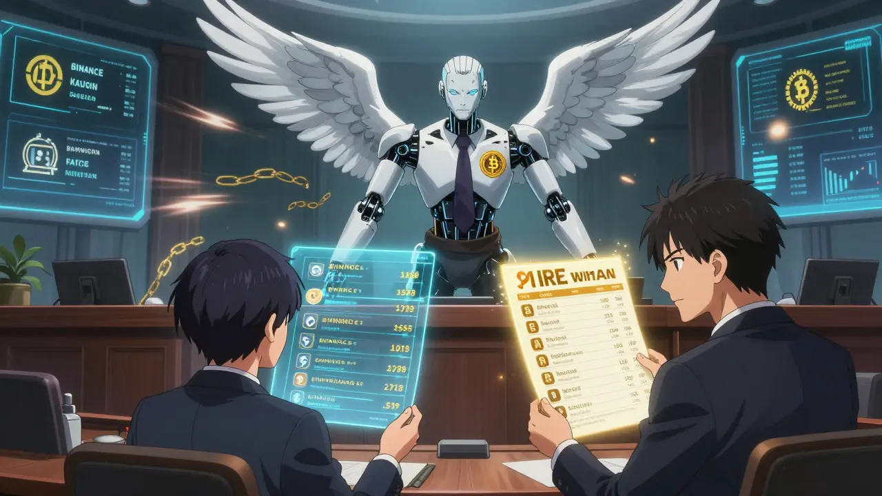 A futuristic courtroom with an IRS AI judge projecting blockchain data from foreign crypto exchanges above a defendant.