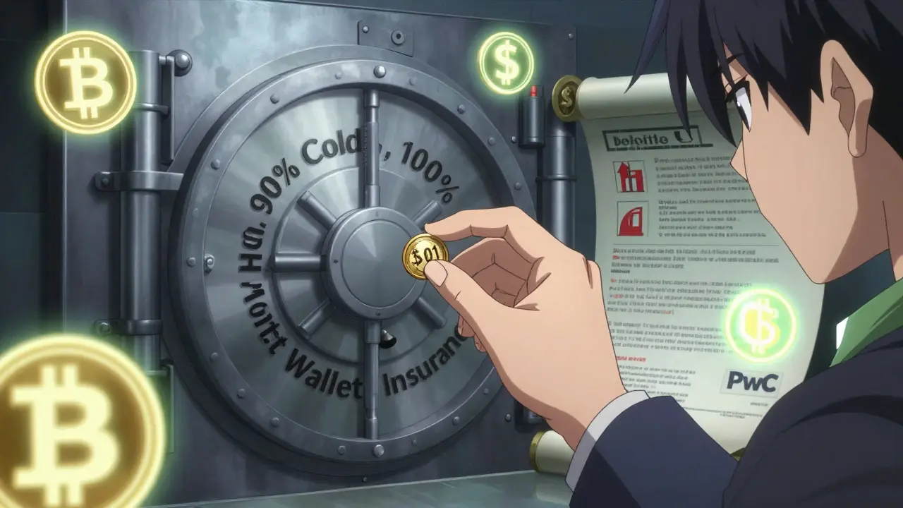A hand places a tiny coin into a vault marked with cold storage and insurance, crypto symbols glowing as guardians.