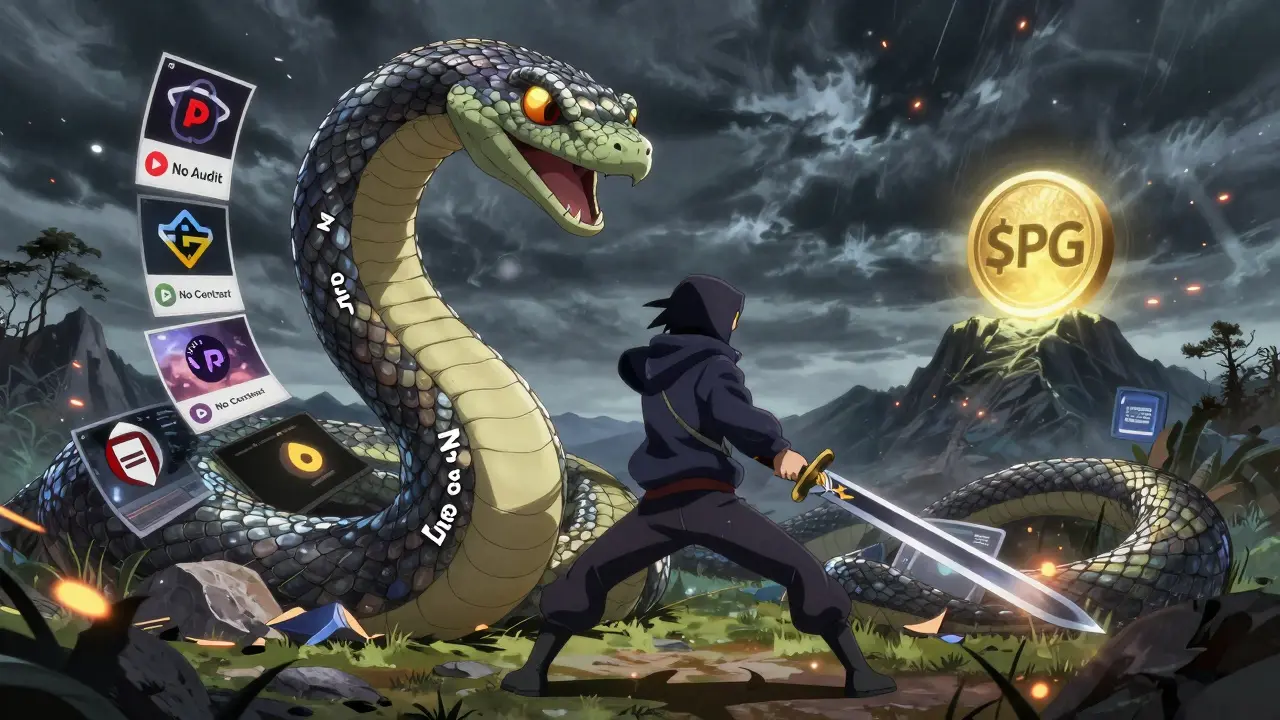 A hero battling a scam serpent made of fake crypto logos and false promises.