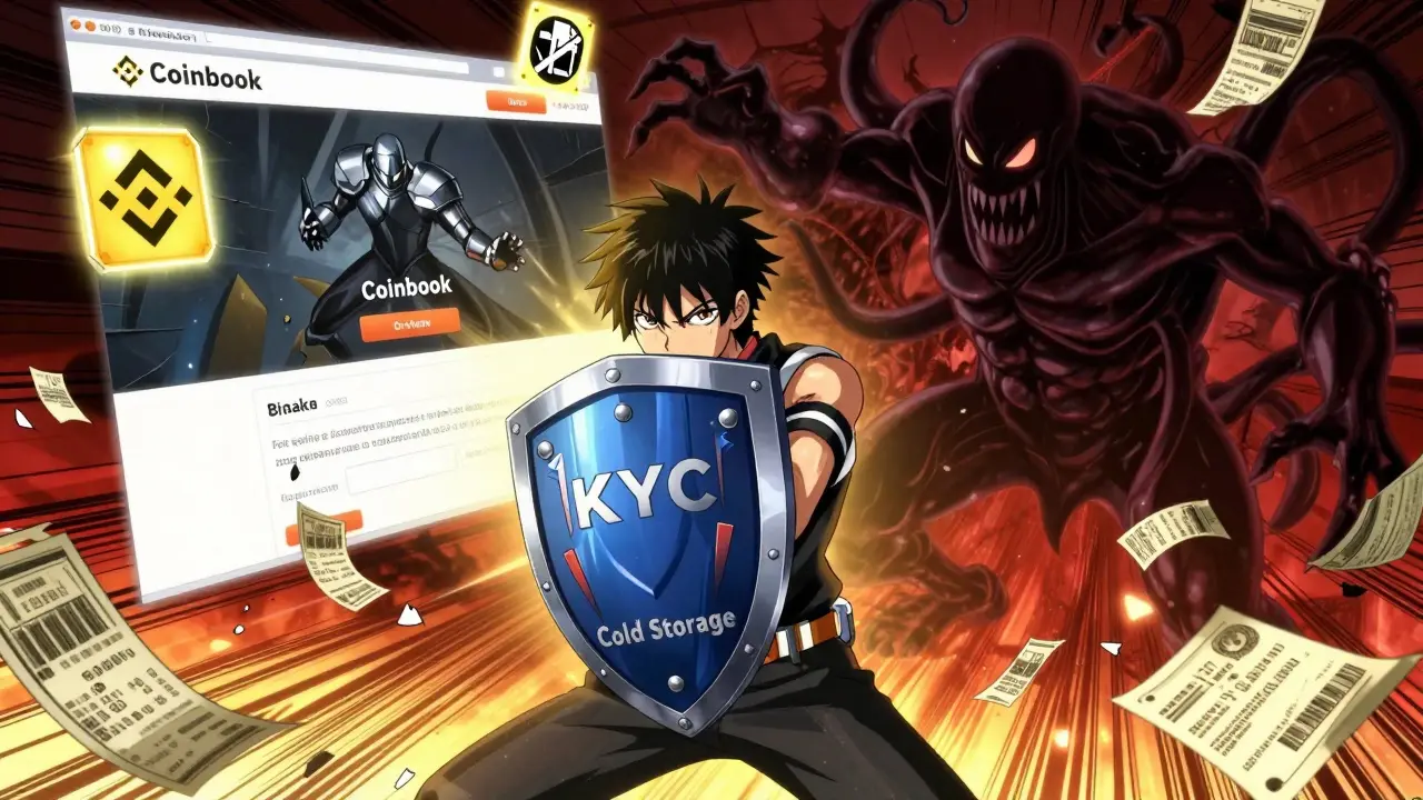 A hero blocking a monstrous 'Coinbook' with a shield marked 'KYC' as legitimate exchanges shine nearby.