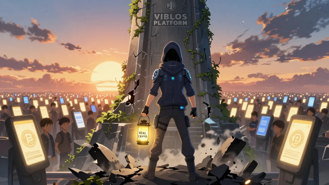 A hero holding a 'REAL CRYPTO' lantern before a crumbling VIBLOS monument, while legitimate crypto projects glow in the sunrise behind them.