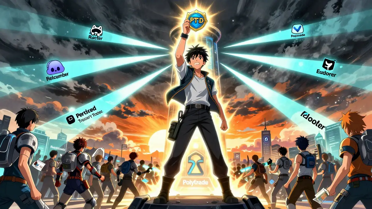 A hero stands atop a blockchain tower, releasing five streams of light representing key airdrop qualifications, as supporters transform below.