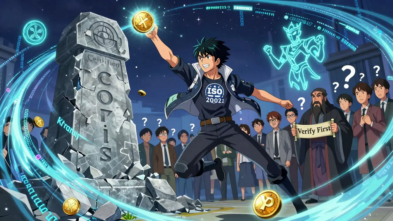 A hero throws an XRP coin at a crumbling monument labeled 'Certified Coins' while real exchanges glow nearby.