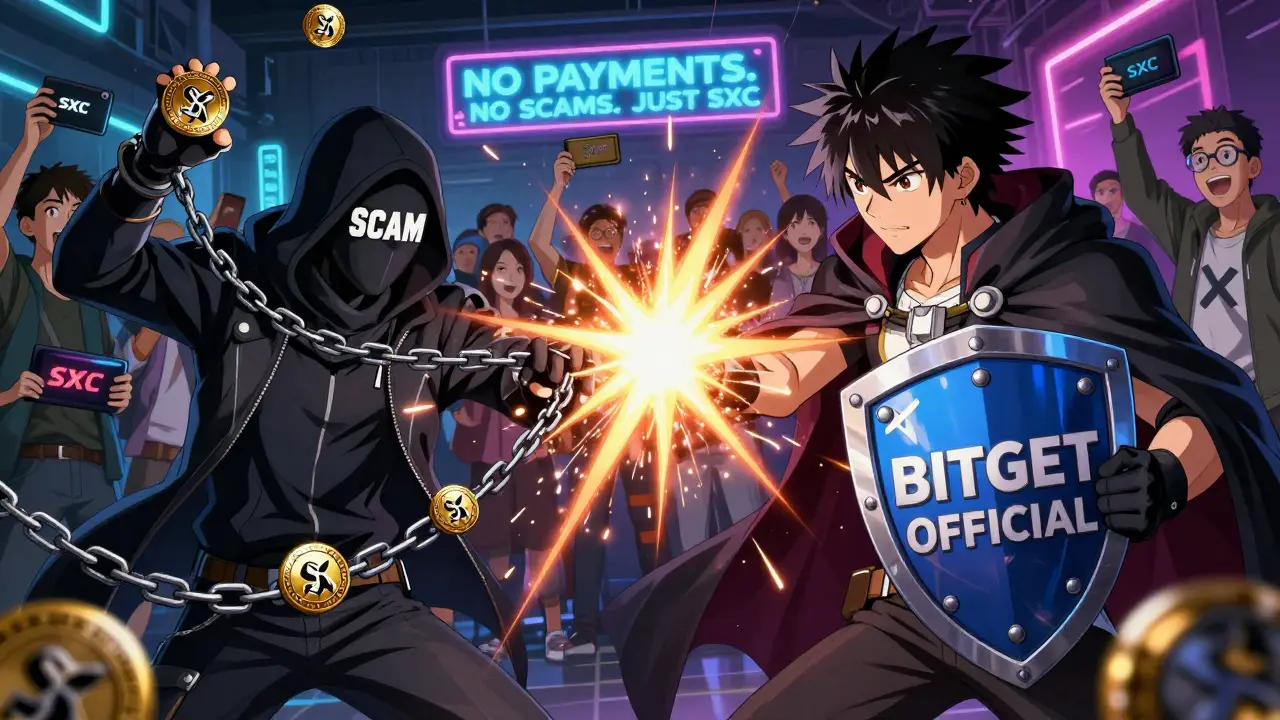 A heroic figure defeats a scammer with fake SXC tokens, backed by users holding real wallets.