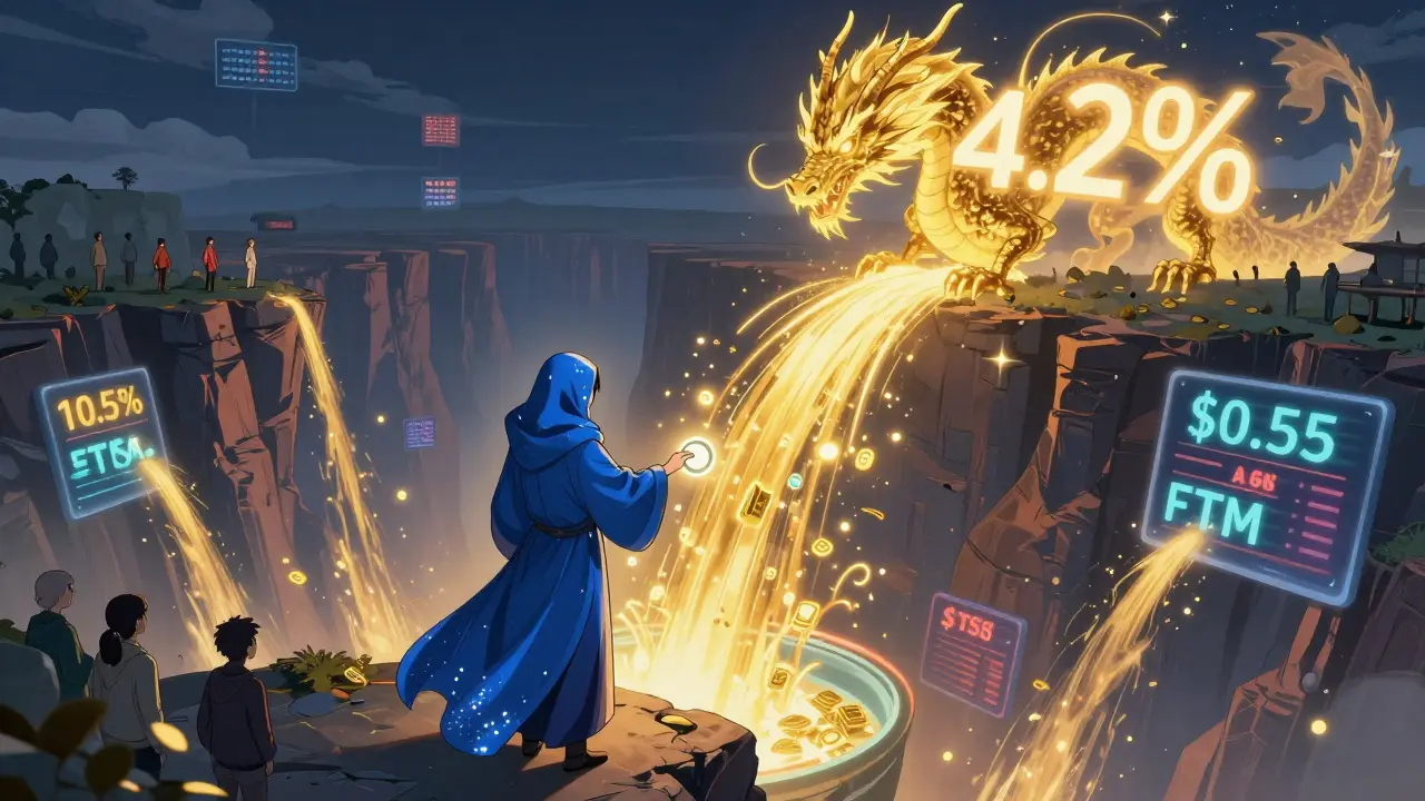 A liquidity provider focuses capital between price ranges, creating a dragon of 14.2% APY that soars into the sky.