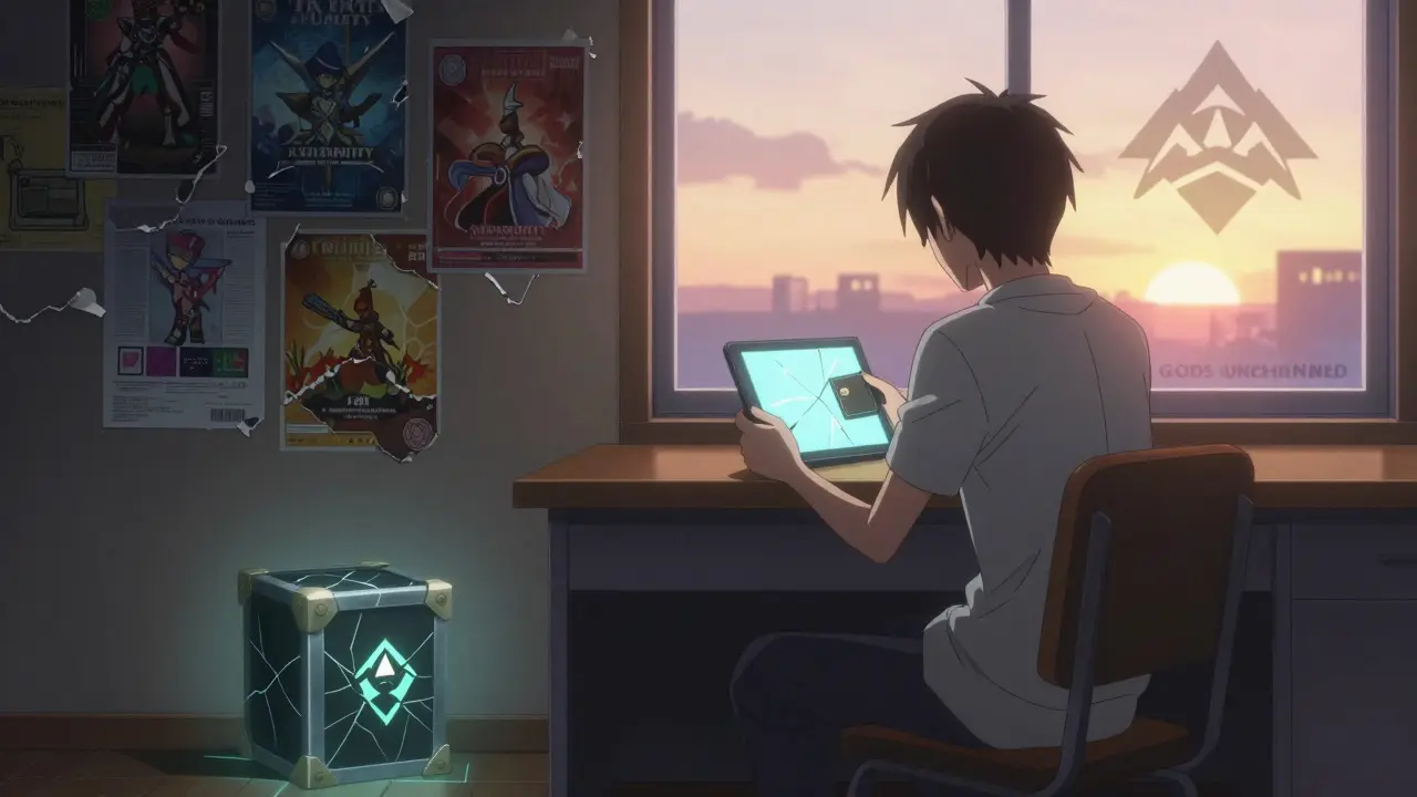 A lone figure sits before an empty wallet on a cracked tablet, a cracked NFT chest lies on the floor as legitimate game logos glow in the distance.
