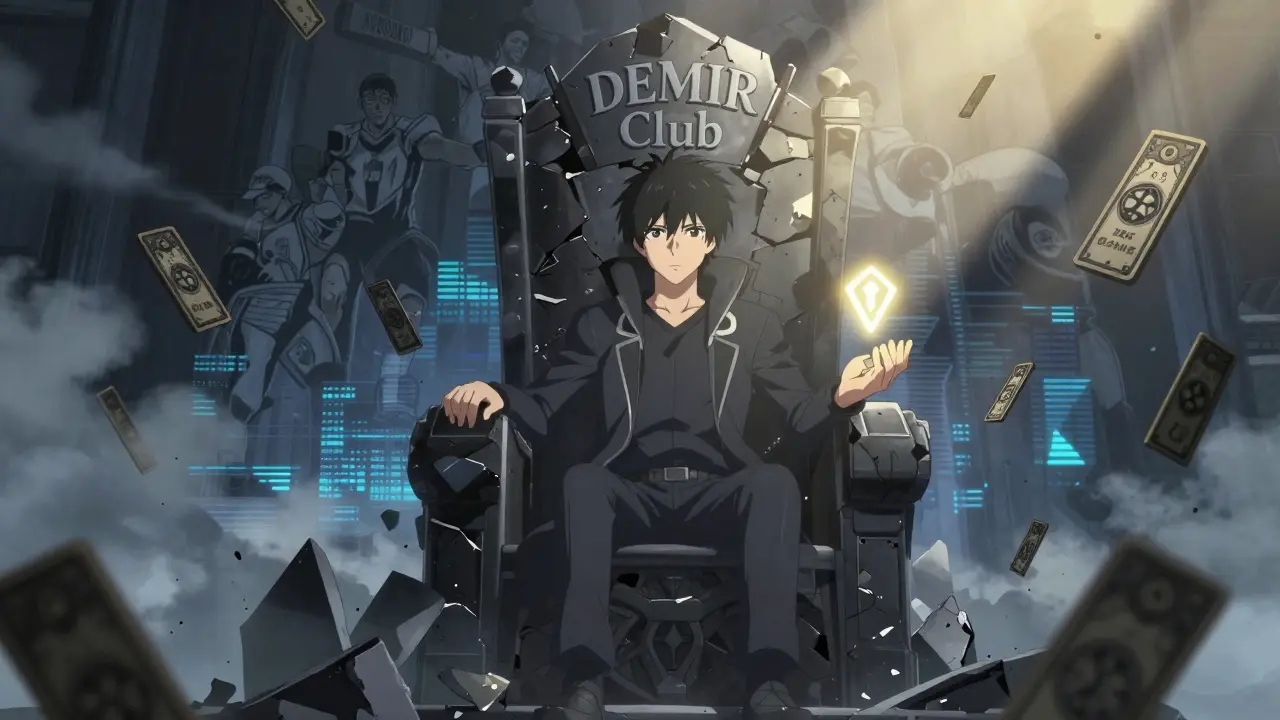 A lone figure stands before a crumbling digital throne of forgotten DEMIR tokens under a fading mural.