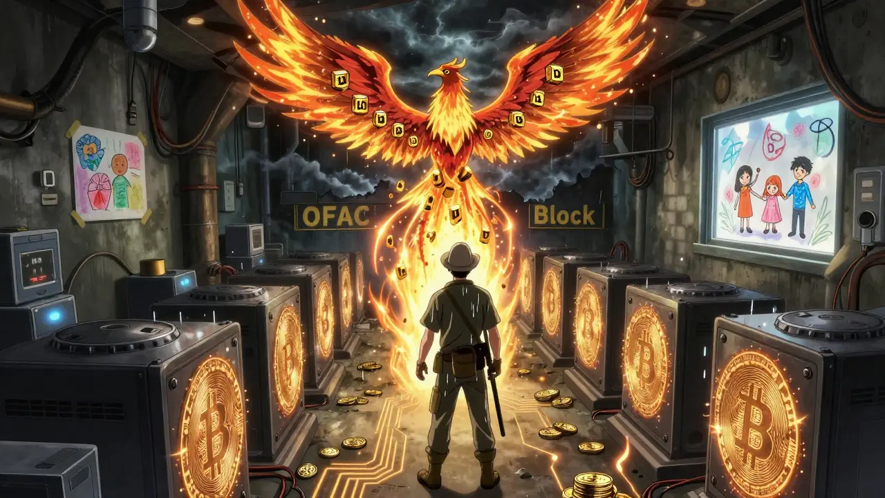 A miner in a basement sending Bitcoin through sanctions barriers, with a digital phoenix rising from mining rigs.