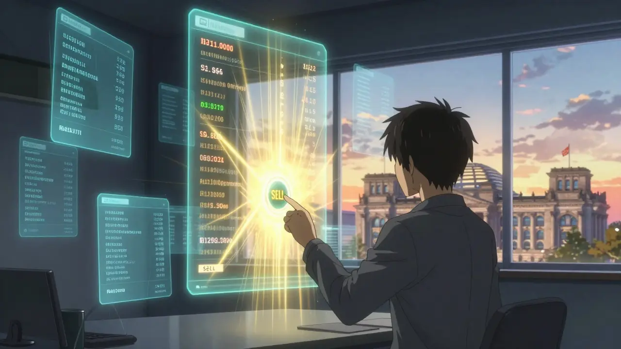 A protagonist presses 'SELL' as holographic transaction logs glow, erasing tax calculations in serene golden light.