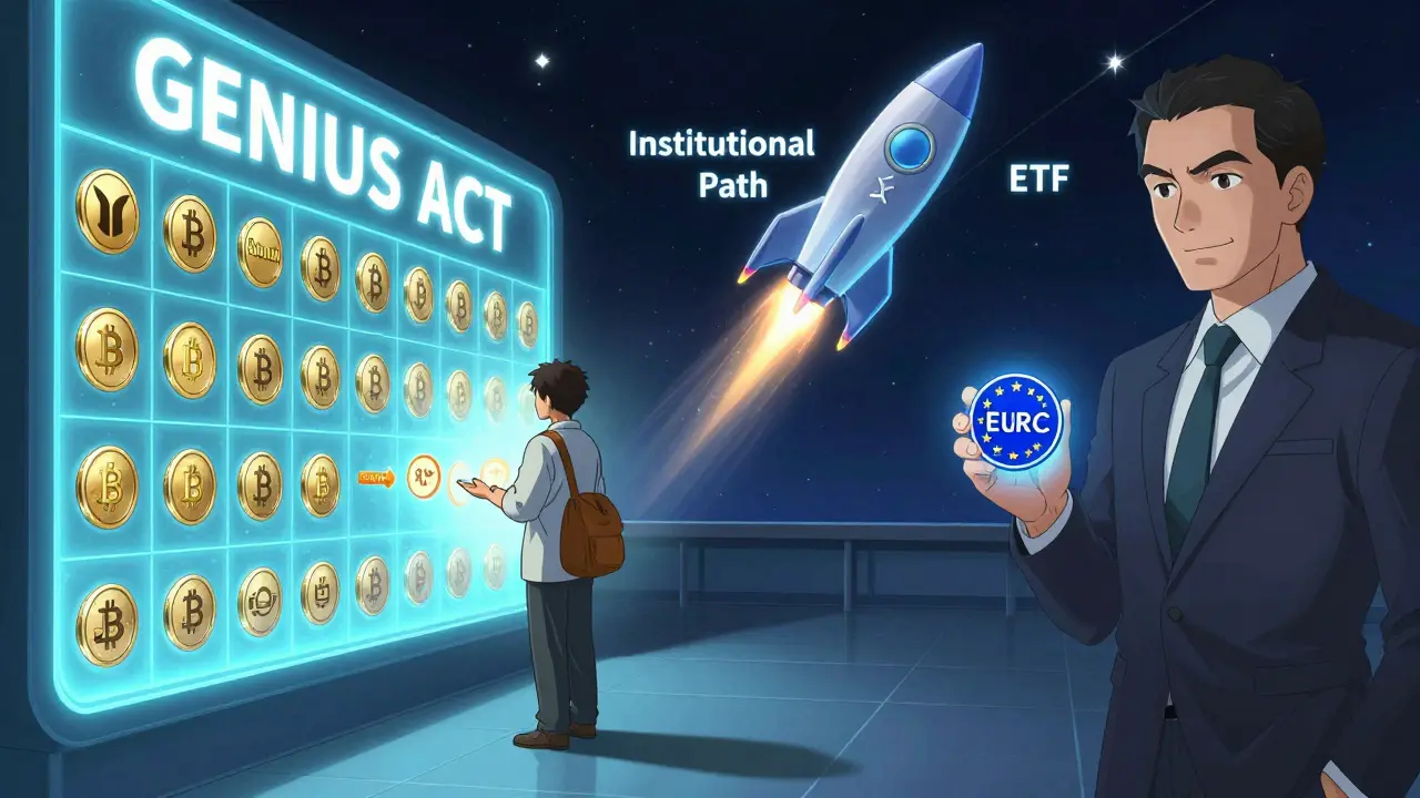 A retail trader watching tokens vanish under the GENIUS ACT while an ETF rocket launches into space.