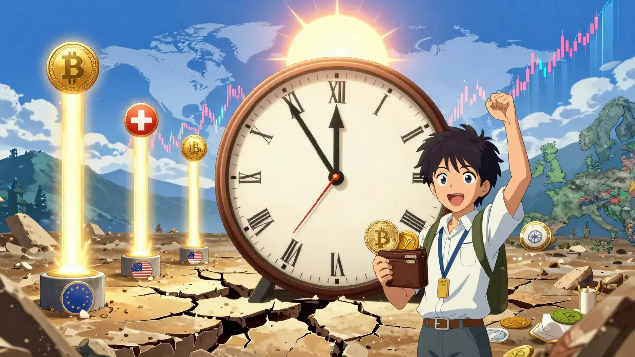 A rising dawn over compliant crypto hubs as chaotic markets collapse, symbolizing market recovery.