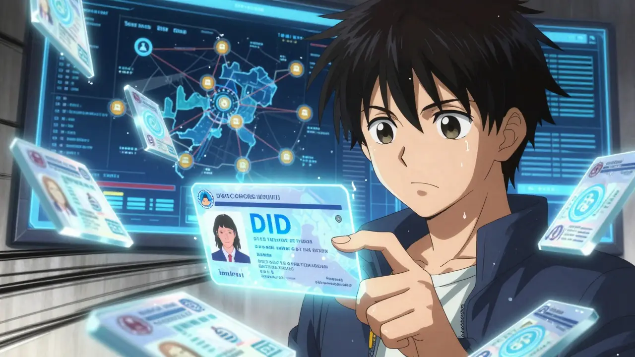 A teenager verifies a secure decentralized identity using holographic cryptographic shards in a futuristic interface.