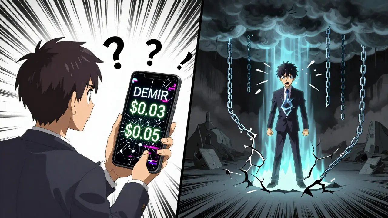 A trader stares at conflicting DEMIR prices on a glitching screen, with floating question marks and broken blockchain chains.