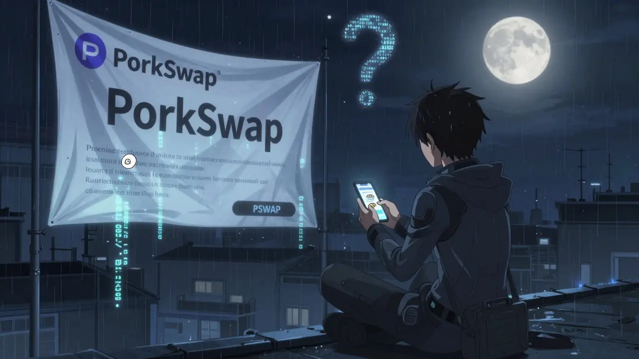 A user stares at worthless PSWAP tokens on their phone under a moonlit sky, while a ghostly trading platform fades into static behind them.