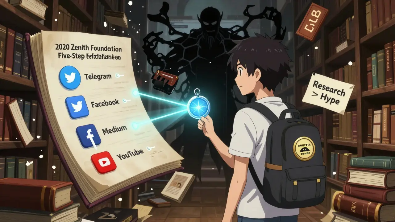 A young protagonist in a library of floating crypto books, guided by a compass pointing to trusted airdrop sites.