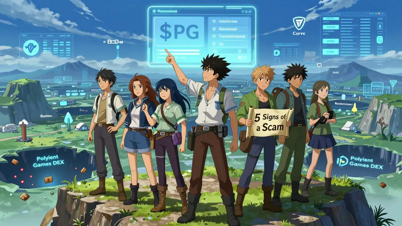 Adventurers standing proudly beside verified blockchain data, overlooking a pit of fake crypto platforms.