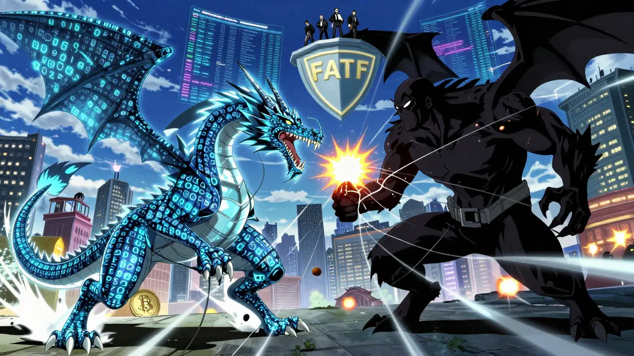 An AI dragon battles a shadowy Monero creature as blockchain trails bind it, under a sky lit by global compliance dashboards.