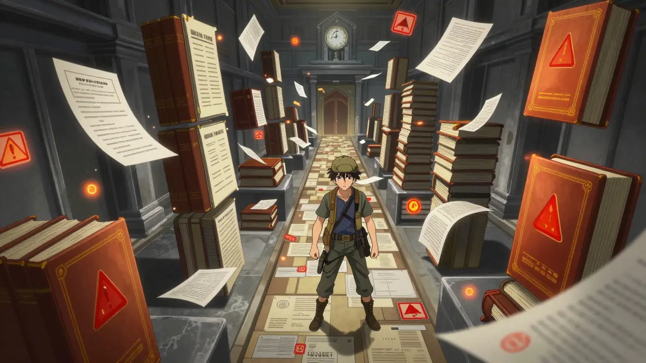 Anime character navigating bureaucratic licensing obstacle course