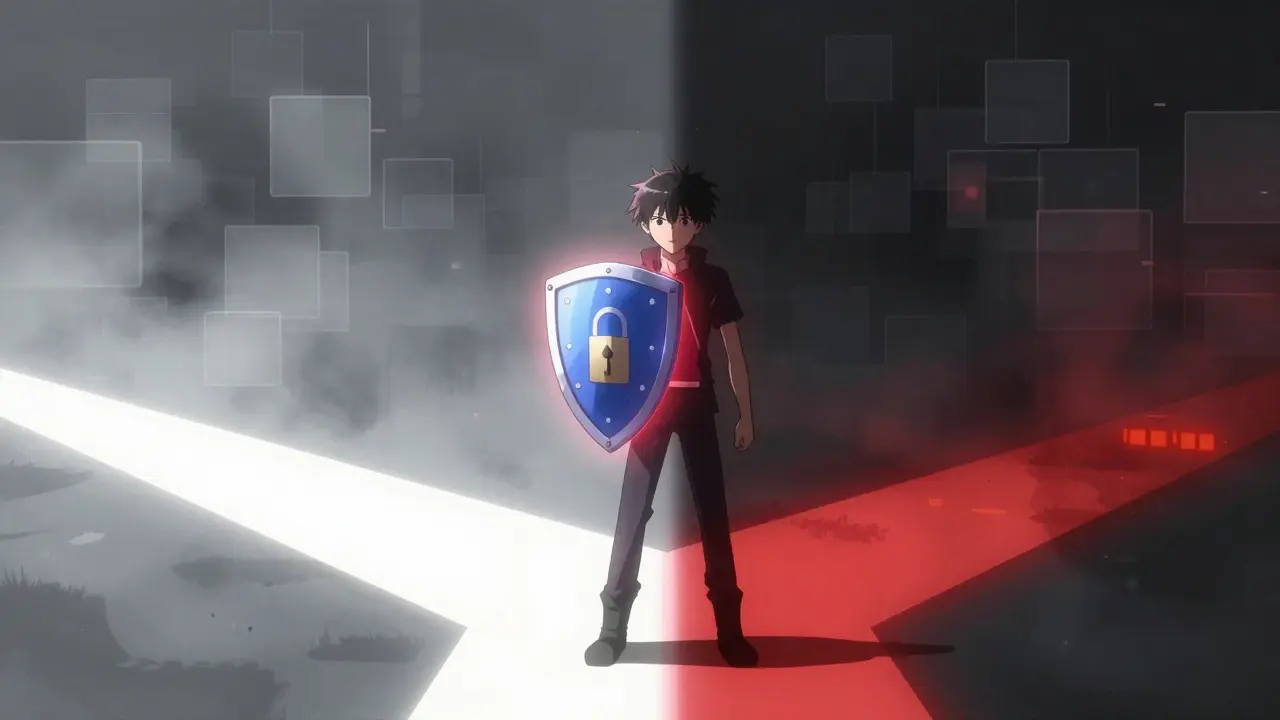 Anime character standing at a crossroads holding a glowing shield.