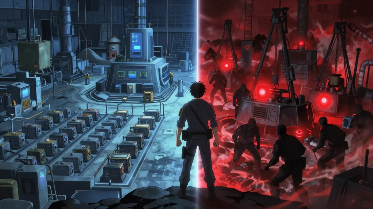 Anime split scene showing legal versus illegal mining options