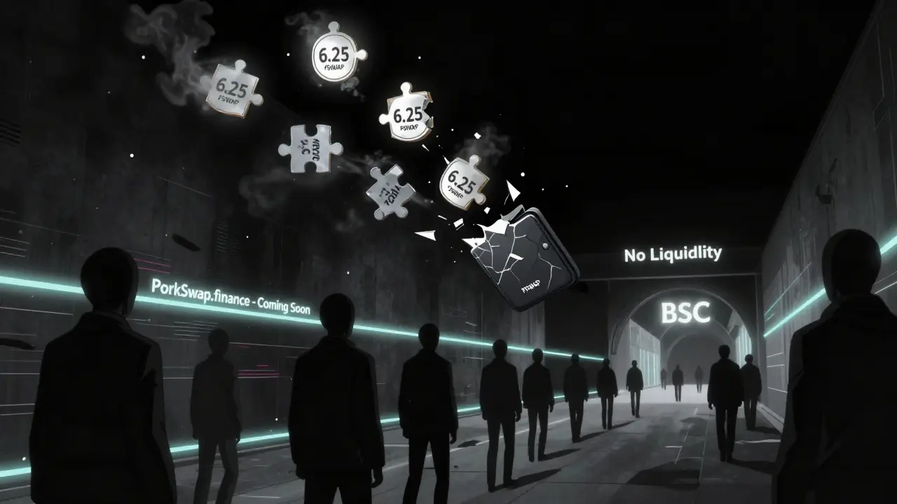 Broken PSWAP tokens drift into a void labeled 'No Liquidity' as faceless developers walk away from a 'Coming Soon' tunnel.