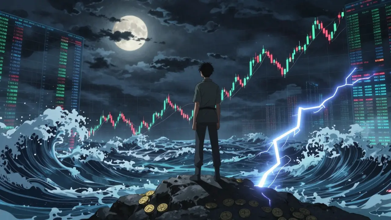 Character watching volatile digital market waves in anime style