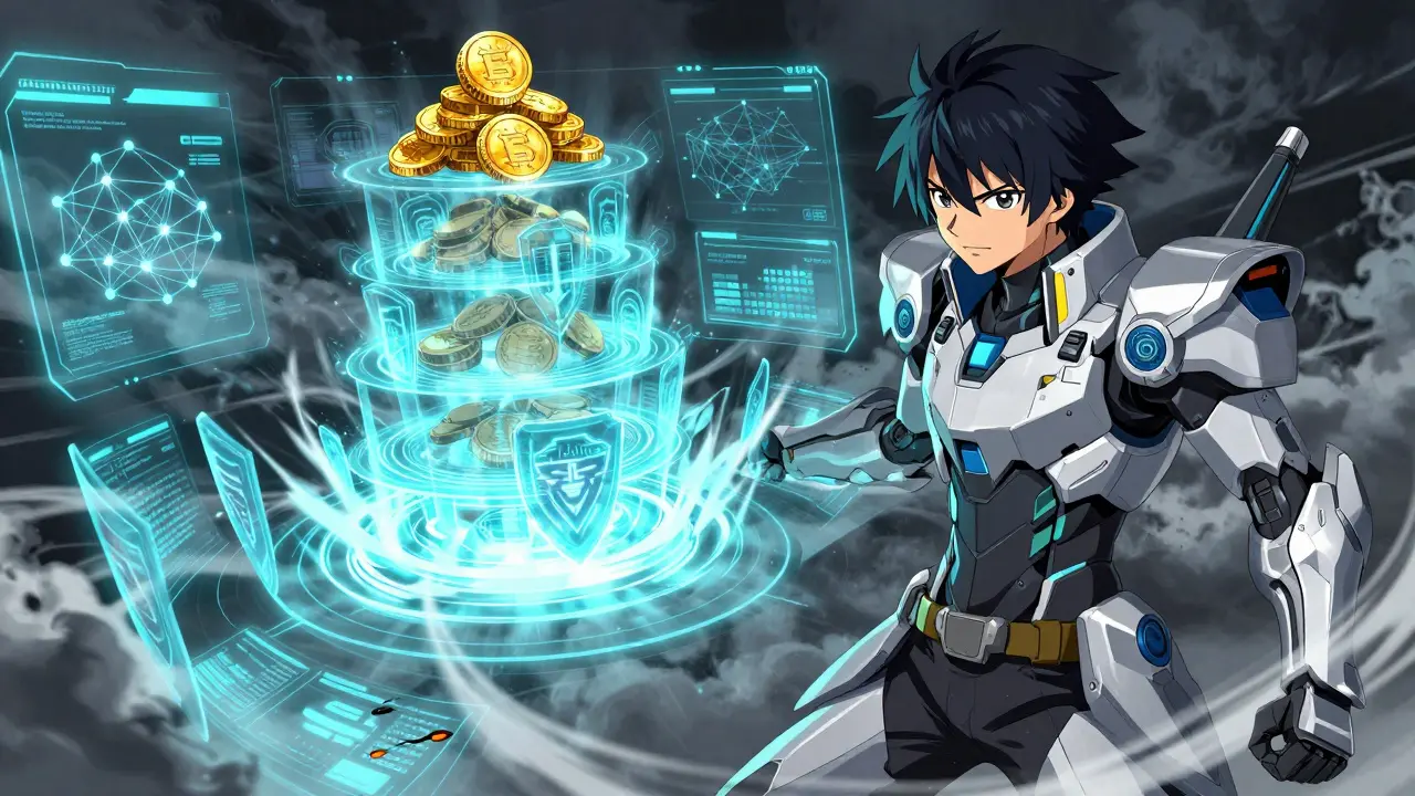 Cybersecurity guardian monitors holographic dashboard with defense barriers