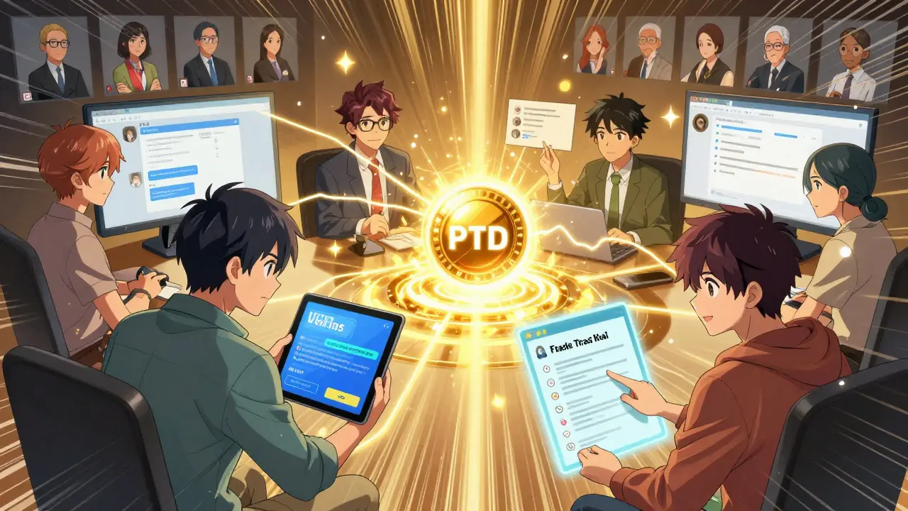 Diverse community members collaborate in a glowing Discord server, verifying KYC and funding trade deals with holographic interfaces.