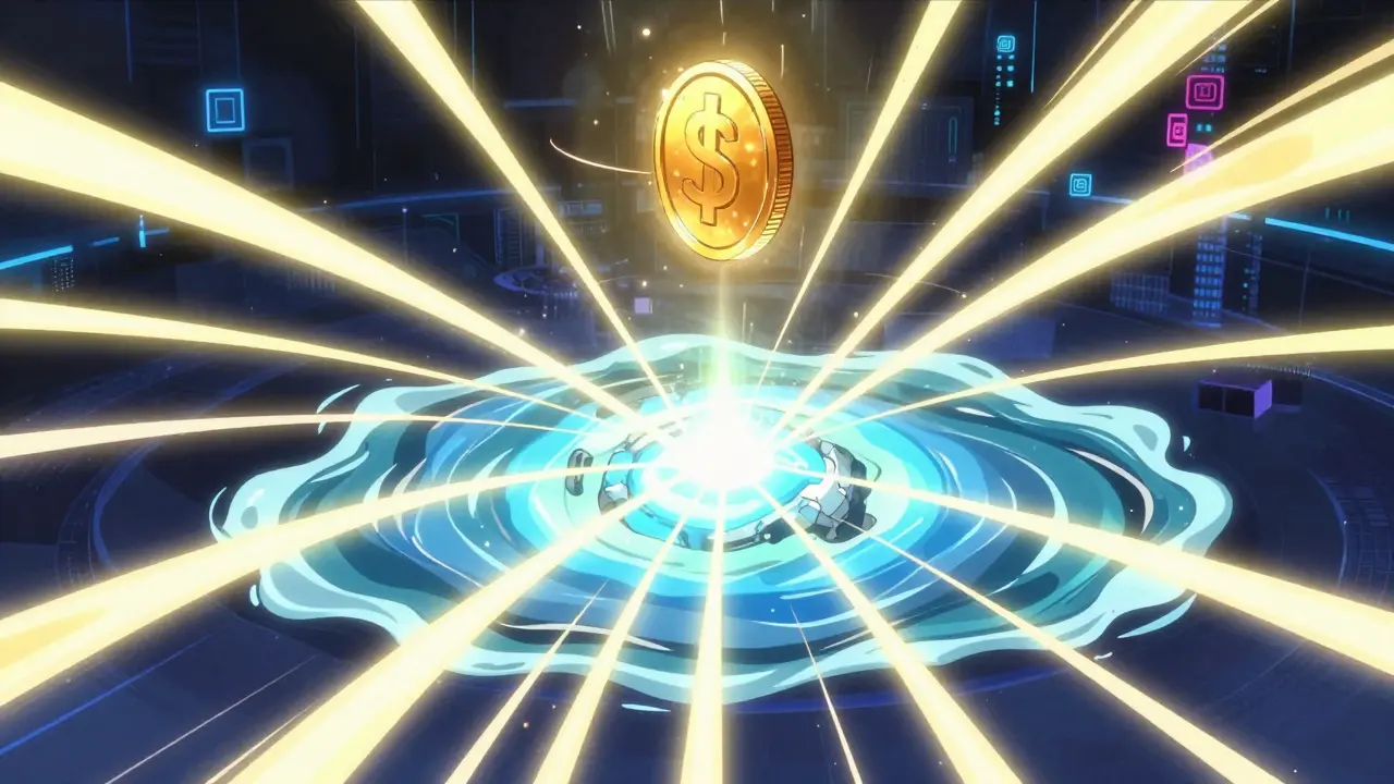 Energy streams converging into a central core with a glowing coin.
