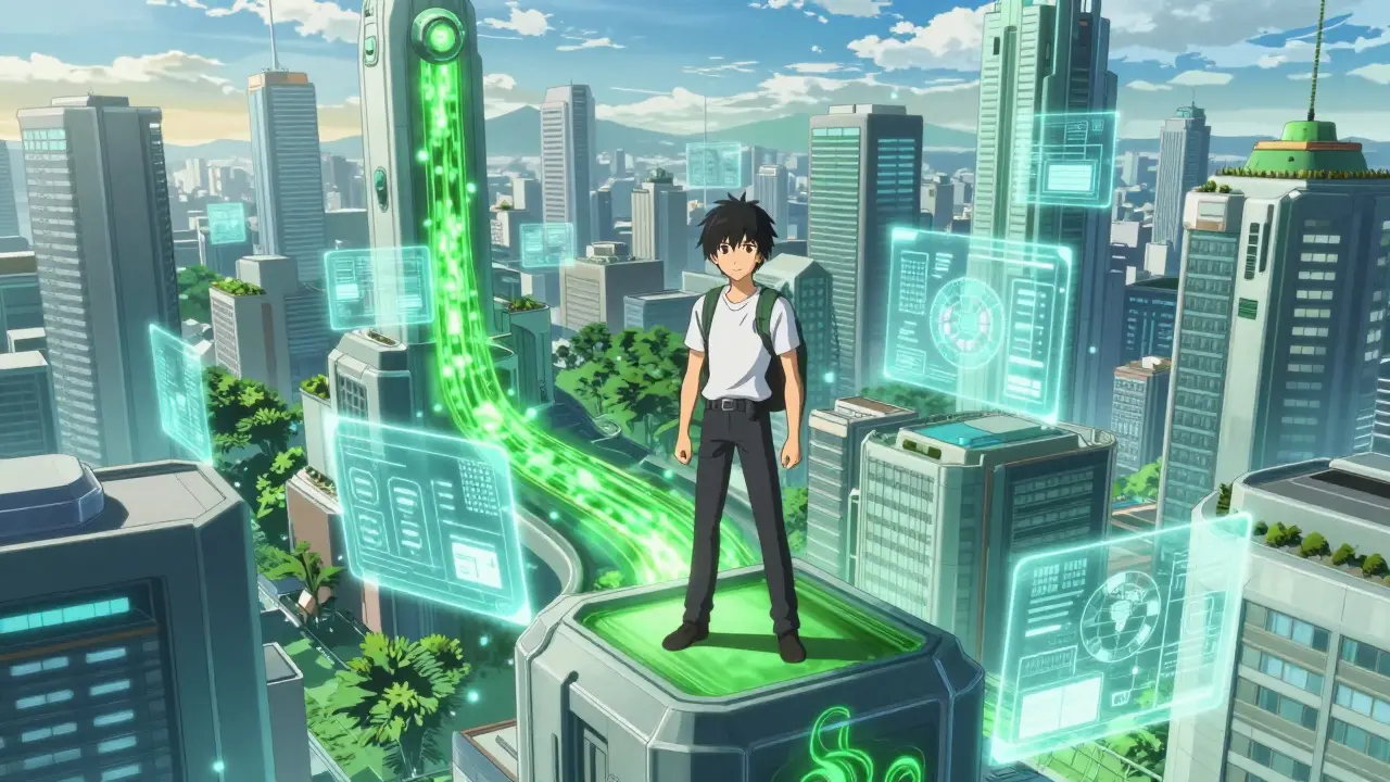 Future metropolis with floating energy streams and hero overlooking automated commerce smart contracts.