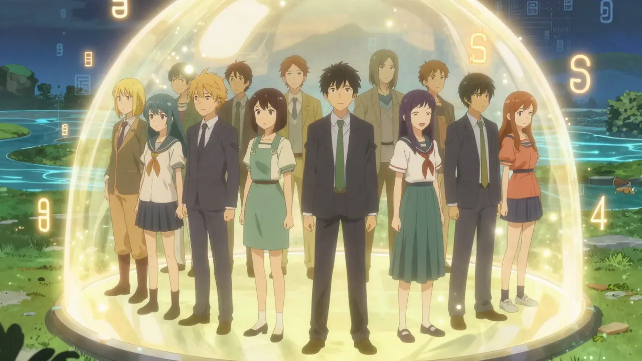 Group inside a protective dome representing privacy and security.